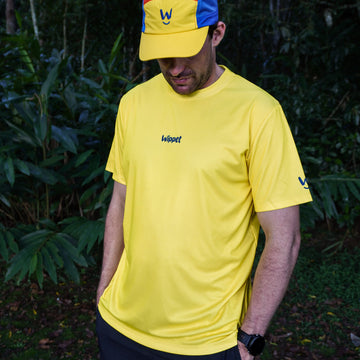 Wippet Running Tee Blazing Yellow – Unisex ultra-light sweat-wicking, breathable running shirt with UPF50+ sun protection and eye catching colors and patterns