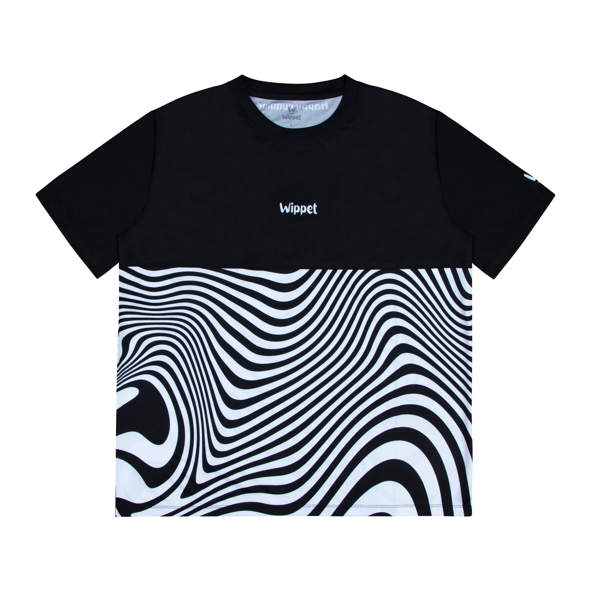 Wippet-Comfy-Unisex-Running-Breathable-Sweat-Wicking-Light-Weight-UPF50_-Shirt-Happy-Run-Colourful-Color-Colour-Bright-Fun-Trippy-Wave-Sustainable-Eco-Black-White
