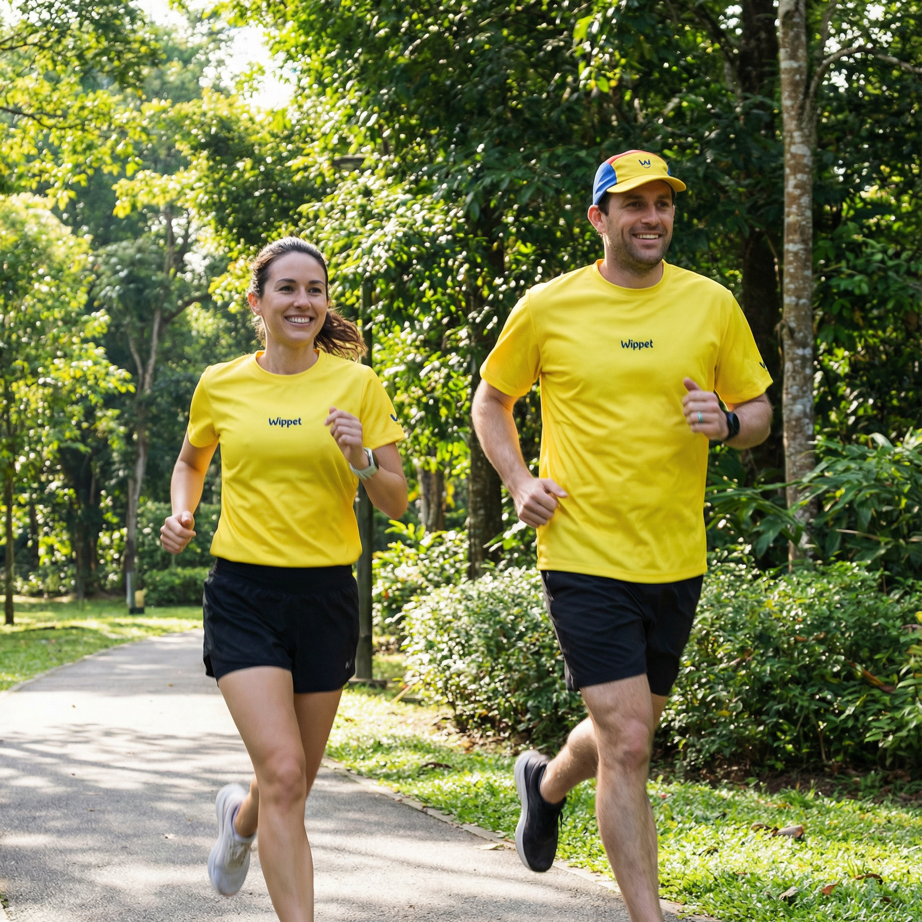 Two people wearing the Wippet Blazing Yellow running shirt that is breathable, sweat wicking, ultra light-weight and UPF50+ sun protection for running.