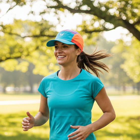 Wippet Dream Run Running Cap that is comfortable, sweat wicking and sun protective being happily worn while running in a park
