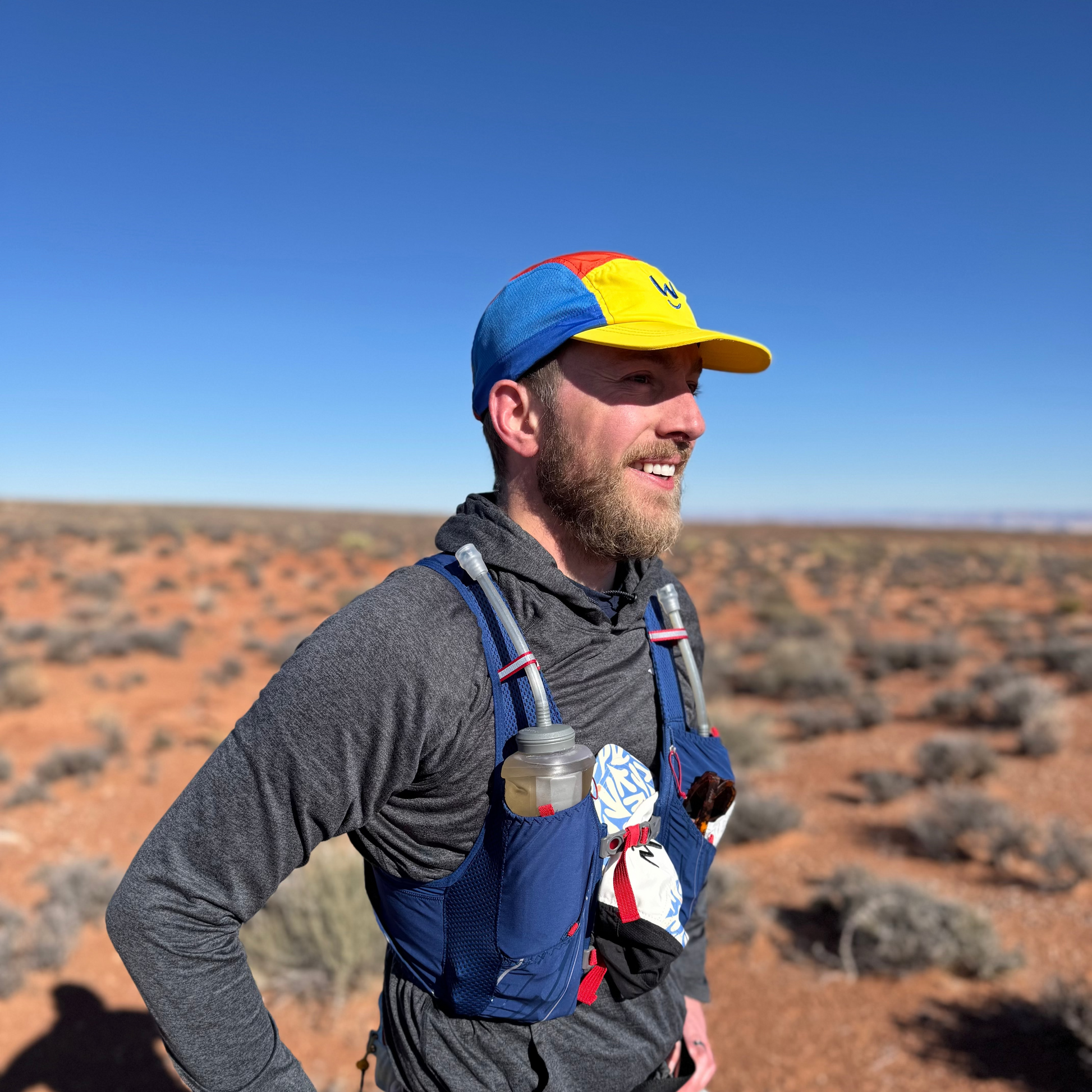 Wippet Tropicana Running Cap that is breathable, sweat wicking and protects from the sun worn running an ultramarathon on a desert trail