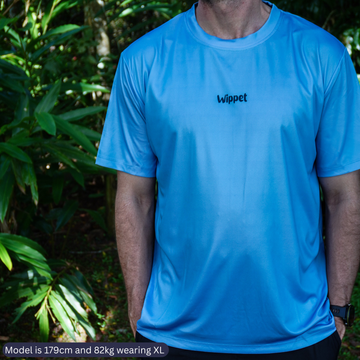 Wippet everyday Atomizer Blue running shirt that is breathable, sweat wicking, sun protection for running