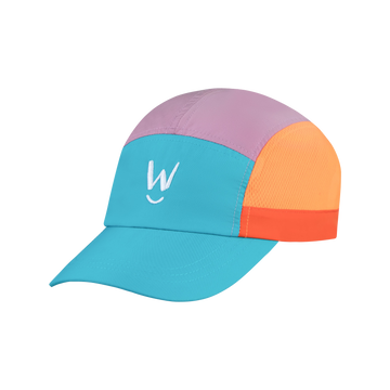 A multi-colored running cap with a light blue visor and front panel, a lavender purple crown, an orange mesh back panel, and a thin red stripe separating the orange and blue sections. A white stylized 'W' logo is embroidered on the front panel.