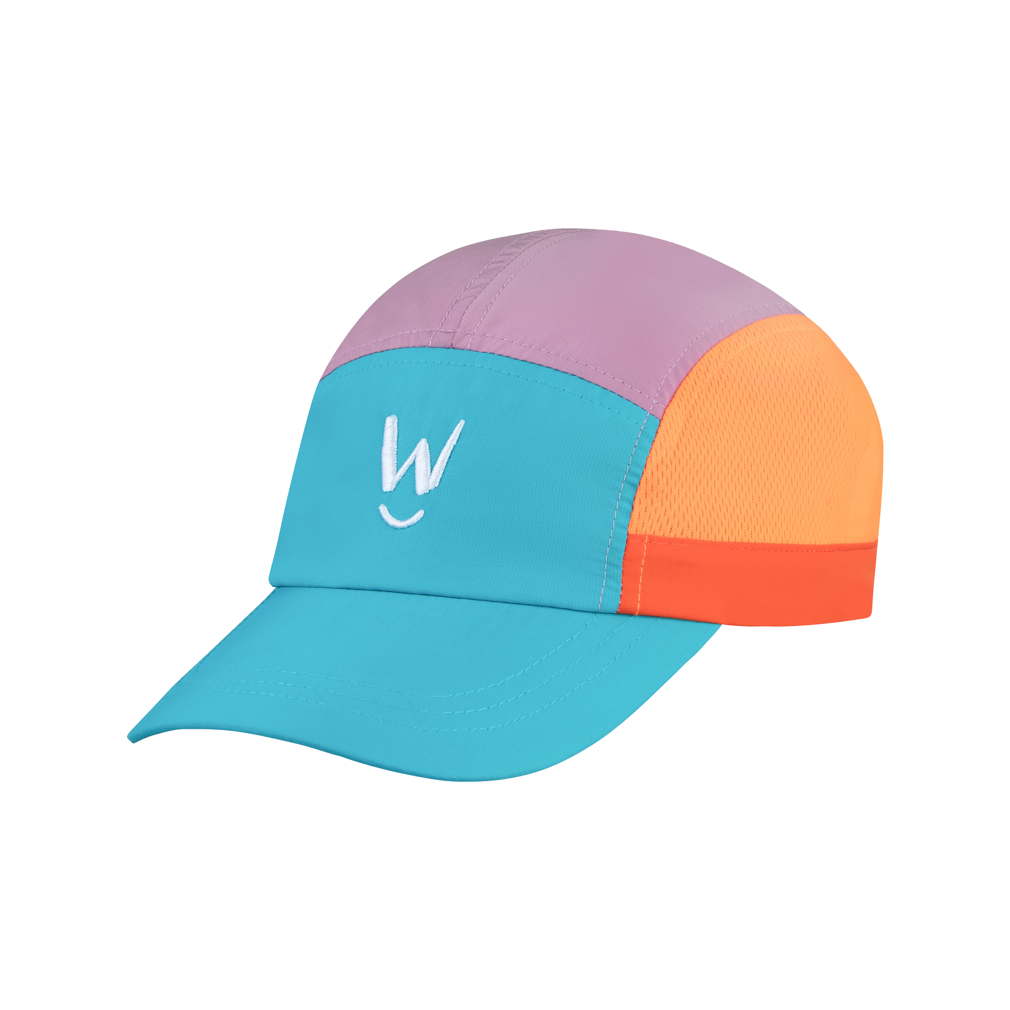A multi-colored running cap with a light blue visor and front panel, a lavender purple crown, an orange mesh back panel, and a thin red stripe separating the orange and blue sections. A white stylized 'W' logo is embroidered on the front panel.